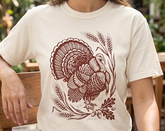 Linocut Turkey Shirt, Comfort Colors Thanksgiving Tee, Block Print Bird Art Graphic, Rustic Fall Top, Autumn Nature Lover Gift