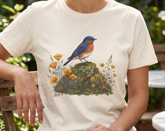 Bluebird Shirt, Watercolor Bird Poppy Graphic Tee, Wildflower Nature Bird Watcher T-Shirt, Cottagecore Gift, Spring Botanical Top