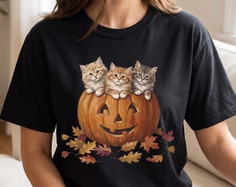 Vintage Halloween Kitten Shirt, Comfort Colors Pumpkin Cat Tee, Retro Cottagecore Fall Graphic, Cute Cat Lover Top, Spooky Season Gift