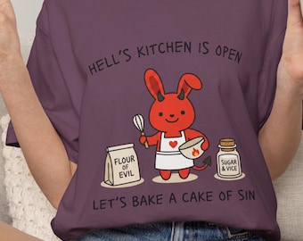 Weird Comfort Colors® T-Shirt, Hell's Kitchen Is Open Funny Baking Shirt, Cute Devil Bunny Graphic Tee, Sarcastic Baker Gift