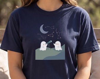 Cute Ghost Stargazing Shirt, Comfort Colors Spooky Season Tee, Kawaii Celestial Graphic, Cozy Halloween Astronomy Top, Stargazer Gift