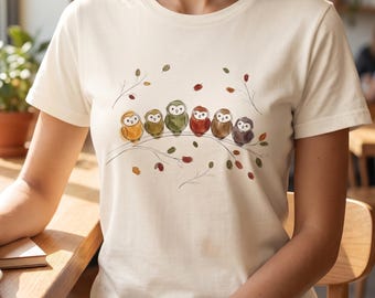 Cute Owl Family Shirt, Watercolor Fall Owls Tee, Autumn Bird Branch Graphic, Cozy Nature Lover Top, Whimsical Owl Gift for Bird Mom