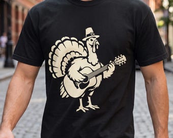 Turkey Playing Guitar Shirt, Comfort Colors Funny Thanksgiving Tee, Animal Musician Graphic, Retro Stencil Art, Fall Music Lover Gift