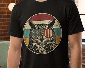 Vintage USA Comfort Colors®, Patriotic Owl T-Shirt, Retro American Flag Tee, 4th of July Owl Shirt, Freedom Owl Gift