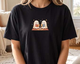 Cute Ghost Reading Shirt, Comfort Colors Spooky Season Tee, Kawaii Book Lover Graphic, Cozy Halloween Ghost Top, Bookish Fall Gift