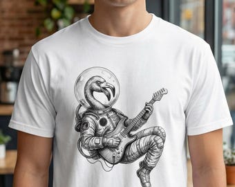 Flamingo Astronaut Shirt, Space Guitar Graphic Tee, Funny Flamingo Gift, Music Lover Space Tee, Weird Art T-Shirt Unisex