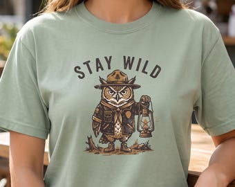 Stay Wild Owl Comfort Colors T-Shirt, Vintage Ranger Bird Tee, Retro National Park Style Shirt, Camping Hiking Nature Lover Gift Top