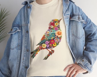 Floral Bird Shirt, Flower Bird Graphic Tee, Nature Lover Gift, Botanical Bird Art Tee, Bird Watcher T-Shirt for Women