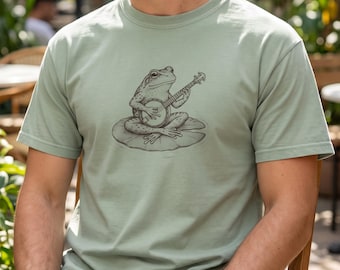 Frog Playing Banjo Shirt, Comfort Colors Surreal Animal Musician Tee, Vintage Ink Art Graphic, Cottagecore Top, Folk Music Frog Gift