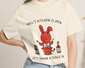 Hell's Kitchen Is Open Shirt, Funny Devil Bunny Cooking Tee, Cute Dark Humor Graphic T-Shirt, Sarcastic Chef Gift, Comfort Colors® Unisex