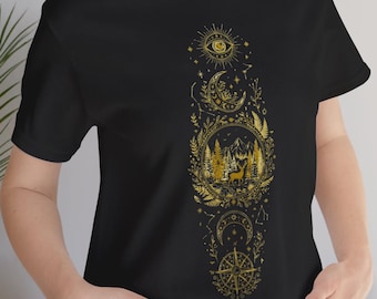 Mystical Forest Shirt, Celestial Deer Graphic Tee, Witchy Nature Gift, Moon Eye Compass Tee, Dark Boho T-Shirt for Women