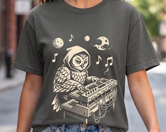 Owl Playing Synthesizer Shirt, Comfort Colors Music Tee, Funny Animal Musician Graphic, Retro Stencil Art, Synth Player Gift Top