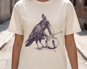 Crow Playing Cello Shirt, Comfort Colors Surreal Animal Musician Tee, Vintage Ink Art Graphic, Dark Academia Top, Gothic Music Gift