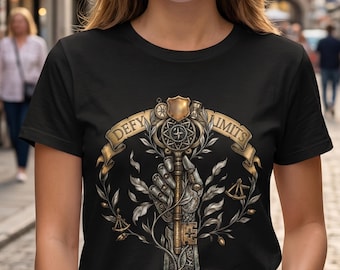 Defy Limits Shirt, Steampunk Armor Key Graphic Tee, Fantasy Motivational Gift, Dark Academia Tee, Vintage Heraldry T-Shirt