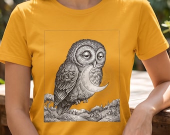 Owl and Moon T-Shirt, Vintage Engraving Owl Tee, Celestial Animal Art Shirt, Dark Academia Top, Mystical Owl Gift, Folk Tale Illustration