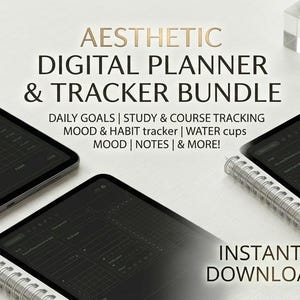 May include: An aesthetic digital planner and tracker bundle, featuring multiple tablets displaying a dark interface. The image includes text that reads "Ultimate Study Planner," "All-in-One Daily Organizer," and "Instant Download."