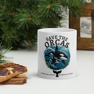 Mok 'Red de Orka's' (325 ml), Mok voor Walvisbescherming, Cadeau voor Oceaanliefhebbers, Mok met Zeeleven, Cadeau voor Orka-liefhebbers, Milieuvriendelijke Mok