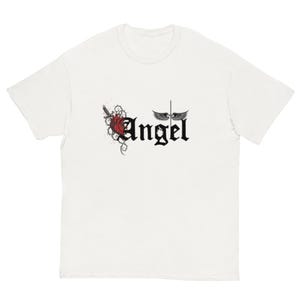 Gothic Angel Graphic T-Shirt - 100% Cotton Tee - Heart & Dagger Design With Angel Wings - "Angel" Wording Shirt - Music Festival Essentials