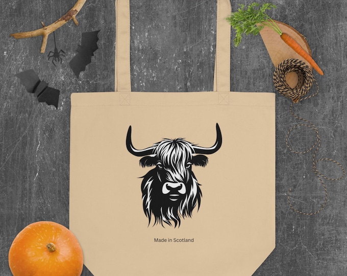 Featured listing image: Scottish Highland Cow Tote Bag - Scotland Cattle - Scottish Gift - Eco-friendly - Sustainability - Small Shopper