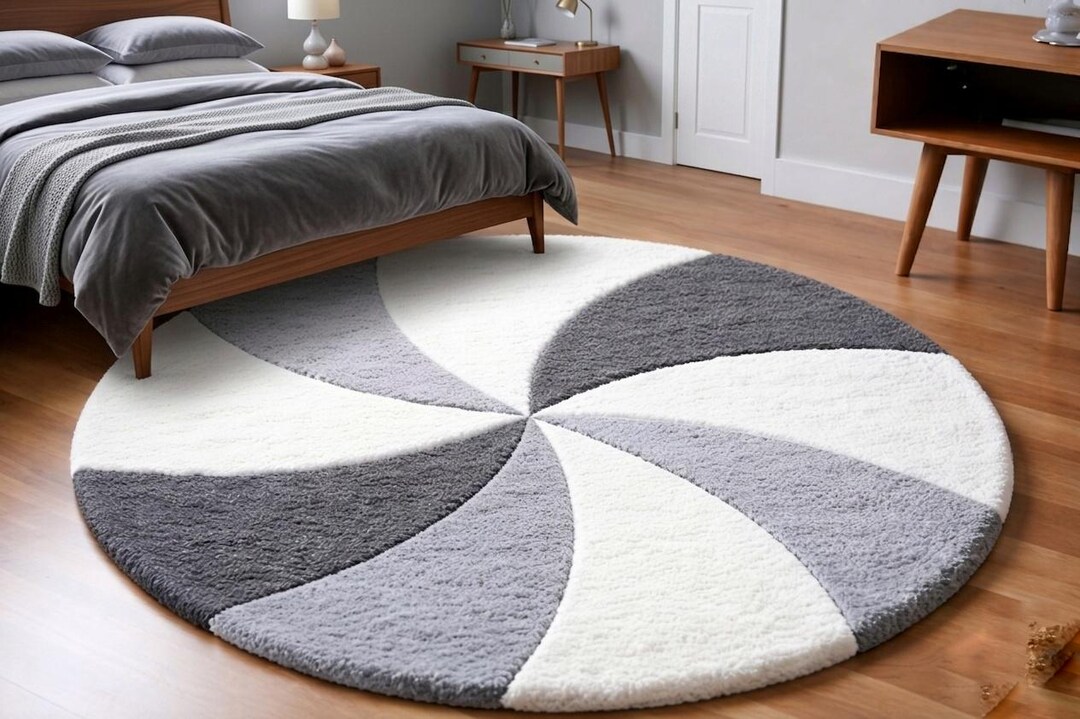 Modern Pinwheel Round Shag Rug – Grey & White Minimalist Area Carpet - Etsy