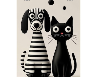 Poster Kat en hond - Matte verticale muurkunst schattige zwarte kat en gestreepte hond