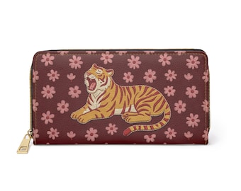 Roaring Tiger Cherry Blossom Zipper Wallet | Floral Tiger Print Wallet