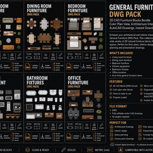 May include: A digital download graphic featuring 2D CAD furniture blocks for interior design. Includes living room, dining room, bedroom, kitchen, bathroom, and office furniture. Compatible with AutoCAD 2000+.