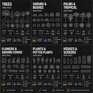 May include: A black graphic displaying CAD blocks of trees, shrubs, palms, flowers, plants, and hedges. Each section features top and front views, AutoCAD blocks, and download options. Text includes "DWG PACK" and "2D CAD Blocks."