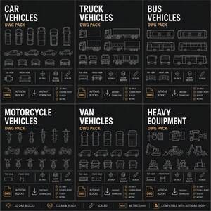 Könnte beinhalten: Schwarze Grafik mit verschiedenen Fahrzeugtypen, darunter Autos, Lastwagen, Busse, Motorräder, Transporter und schweres Gerät. Jede Kategorie ist mit "DWG PACK" beschriftet und enthält Ansichten von oben und vorne. Der Text "AUTOCAD BLOCKS" und "SCALED" ist ebenfalls enthalten.