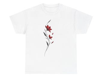 T-shirt met bloemenstam - grafisch T-shirt met minimale rode bloesem