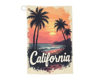 Golfhanddoek - California Sunset Palm Beach-golfhanddoek met doorvoertule en clip