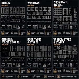 May include: A black and white graphic featuring architectural drawings of doors, windows, curtain wall systems, sliding doors, door types, and window styles. Each section includes top and front views, with options for AutoCAD blocks and instant downloads. The text includes "DWG PACK" and "SCALED".