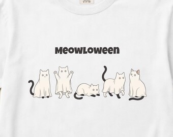 Camiseta Meowloween Cat, Estampa de Gatinho Fantasma, Roupa de Halloween, Cores Confortáveis, Felino Assustador, Tamanhos P-3XG