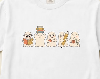 Camiseta fofa de fantasma escolar, estampa de Halloween para professores, roupa para amantes de livros, algodão Comfort Colors, outono, tamanhos P-3XG