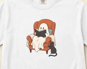 T-shirt « Fantôme qui lit », motif chaleureux pour les amoureux des livres, chat noir, vêtements d'Halloween, couleurs confortables, style automnal, tailles S à 3XL