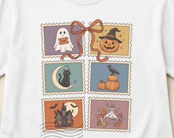 T-shirt à motif timbre-poste d'Halloween, style vintage effrayant, fantôme, citrouille, chat noir, Comfort Colors, ambiance automnale, tailles S à 3XL