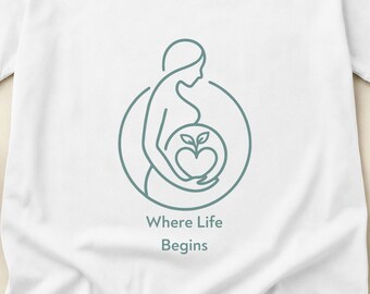 Camiseta Minimal Mom, "Onde a Vida Começa", Roupa de Gravidez em Algodão Comfort Colors, Tamanhos P-3XG