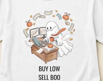 Maglietta di Halloween "Buy Low Sell Boo", maglietta divertente da trader, regalo per investitori in borsa, maglietta con fantasma della finanza, colori comodi, unisex S-3XL