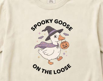 Camiseta Spooky Goose, estampado de Halloween con temática de brujas, ropa adorable para otoño, colores cómodos, tallas S-3XL