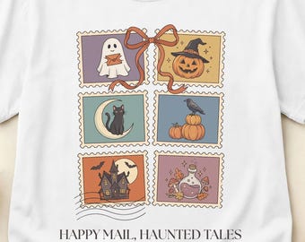 T-shirt Happy Mail Haunted Tales, motif timbres d'Halloween, couleurs confortables, tailles S à 3XL