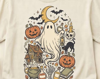 Camiseta vintage de Halloween con estampado de fantasmas, diseño de casa embrujada, estilo bruja, temporada espeluznante, Comfort Colors S-3XL