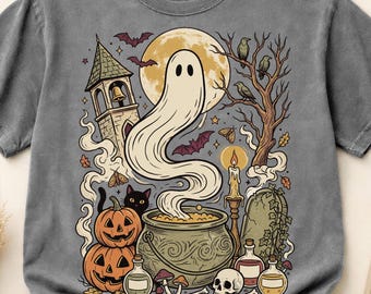 Camiseta vintage de Halloween con estampado de fantasmas y caldero de bruja, estilo retro para la temporada de Halloween, Comfort Colors S-3XL