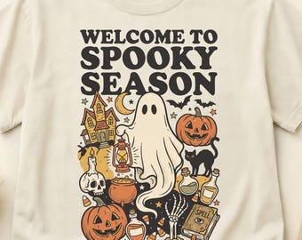 Bienvenido a la temporada de Halloween. Camiseta vintage de fantasmas de Halloween. Estampado retro de calabazas. Colores cómodos. Unisex, tallas S-3XL.