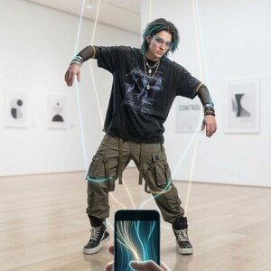 May include: A person in a black graphic tee and cargo trousers stands in an art gallery, with a smartphone displaying glowing lines in the foreground. The shirt has a graphic design. The word "CONTROL" is visible on a wall.