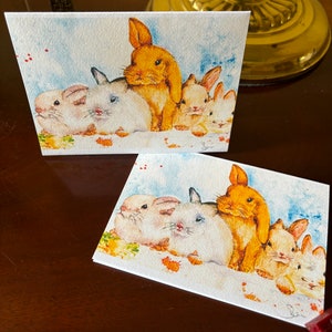 Row of bunnies Note Cards, Set of 10, Printed from my original watercolor, original signature, Blank inside card, All Occasion
