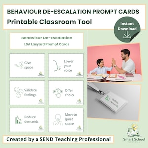 Behaviour De-Escalation Prompt Cards | SEND Behaviour Support | Calm Classroom Strategies | Teaching Assistant Tool
