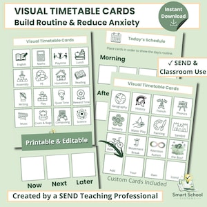 Op de afbeelding: Visuele tijdschema kaarten ontworpen om routine op te bouwen en angst te verminderen. De kaarten bevatten pictogrammen voor verschillende activiteiten zoals Engels, wiskunde, speeltijd en lunch. De kaarten zijn printbaar en bewerkbaar.