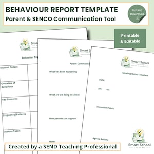 Peut inclure: Plusieurs modèles imprimables blancs pour les rapports de comportement et la communication parents-enseignants. Les modèles comprennent des sections pour les détails de l'élève, l'aperçu du comportement et les notes de réunion. Le texte comprend "Téléchargement instantané".