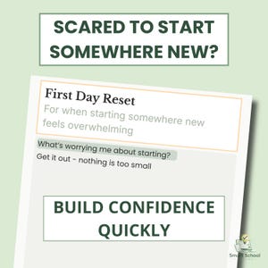 May include: A motivational graphic with the text "SCARED TO START SOMEWHERE NEW?" and "BUILD CONFIDENCE QUICKLY." It includes a section titled "First Day Reset" with prompts to address feelings of overwhelm when starting something new. The background is light green.