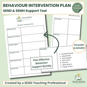 May include: A printable and editable behavior intervention plan with the text "BEHAVIOUR INTERVENTION PLAN SEND & SEMH Support Tool". The plan includes sections for student details, behavior of concern, possible triggers, strategies, and staff response. The plan also includes an ABC Analysis Sheet.